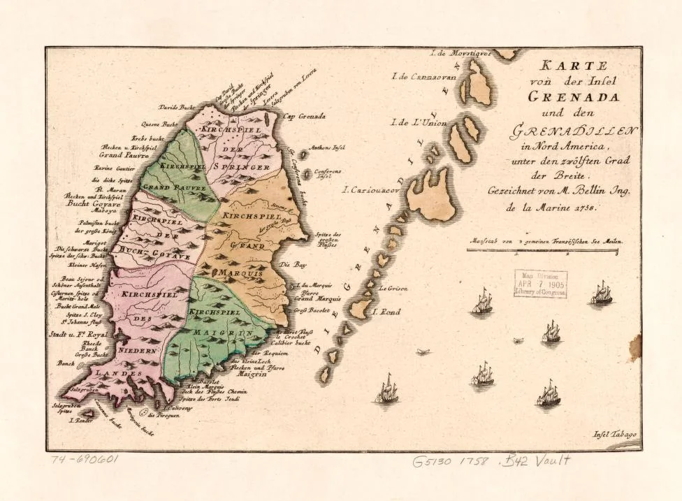 Historic regional map of Grenada and the Grenadines, with Union Island labelled near the upper right