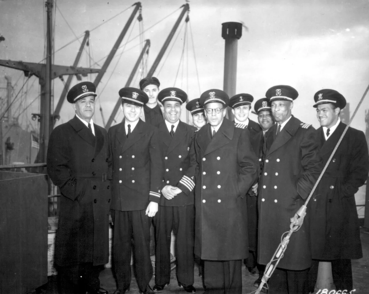 Captain Hugh Mulzac with officers and crew of the SS Booker T. Washington in 1943