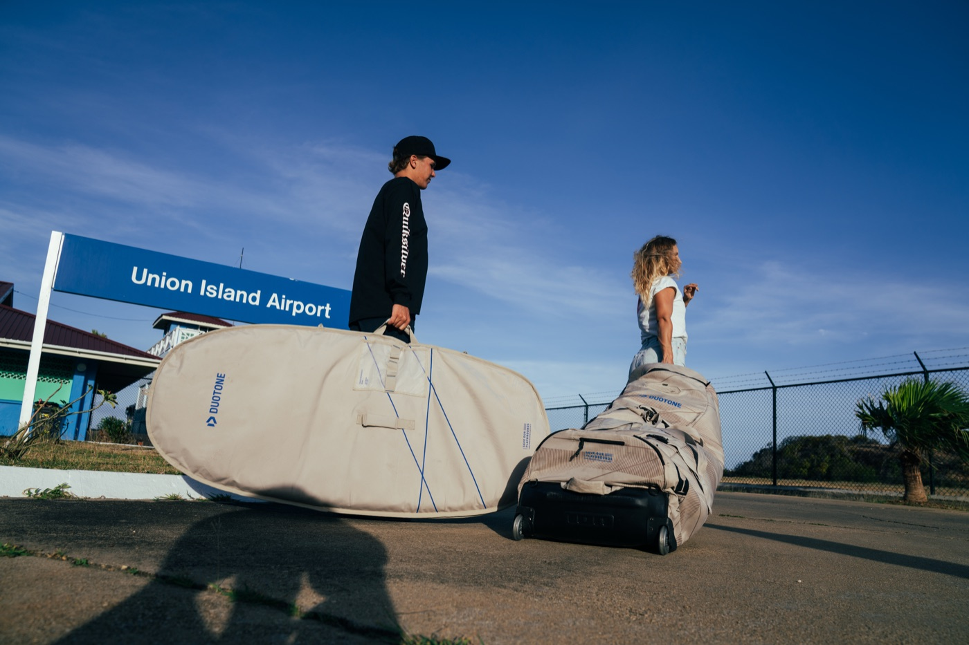 Kitesurf board bags outside Union Island Airport